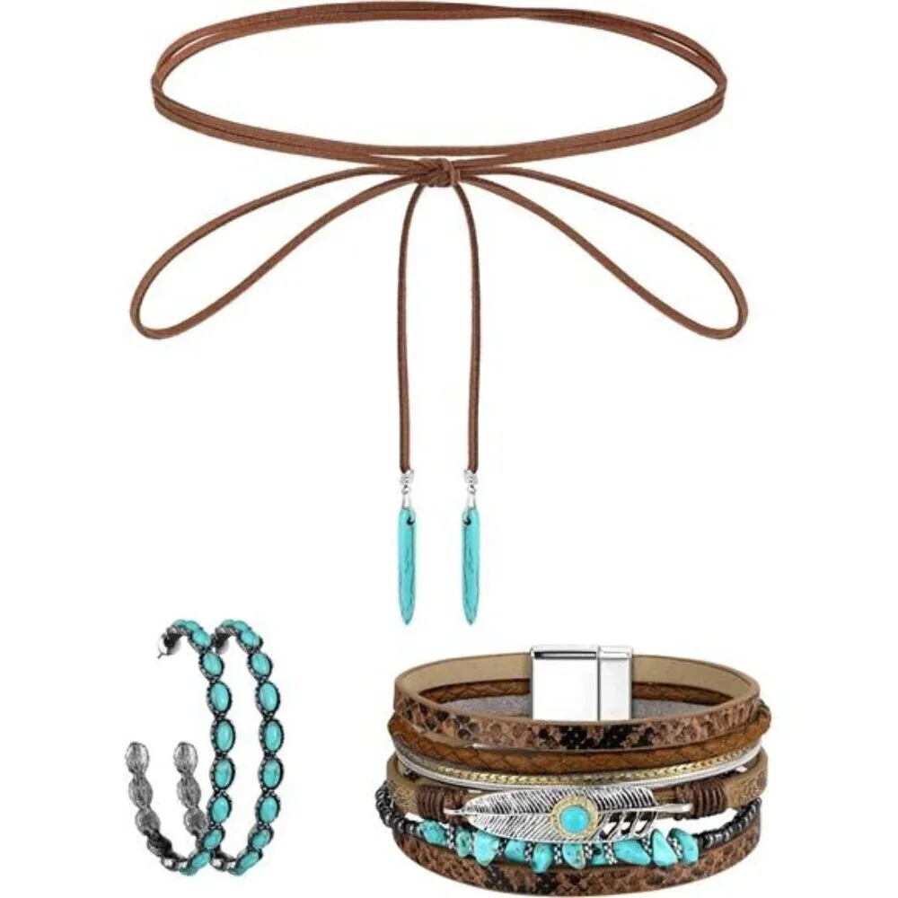 3 Pcs Western Jewelry set, Boho Pendant Long Choker, earrings, bracelet set